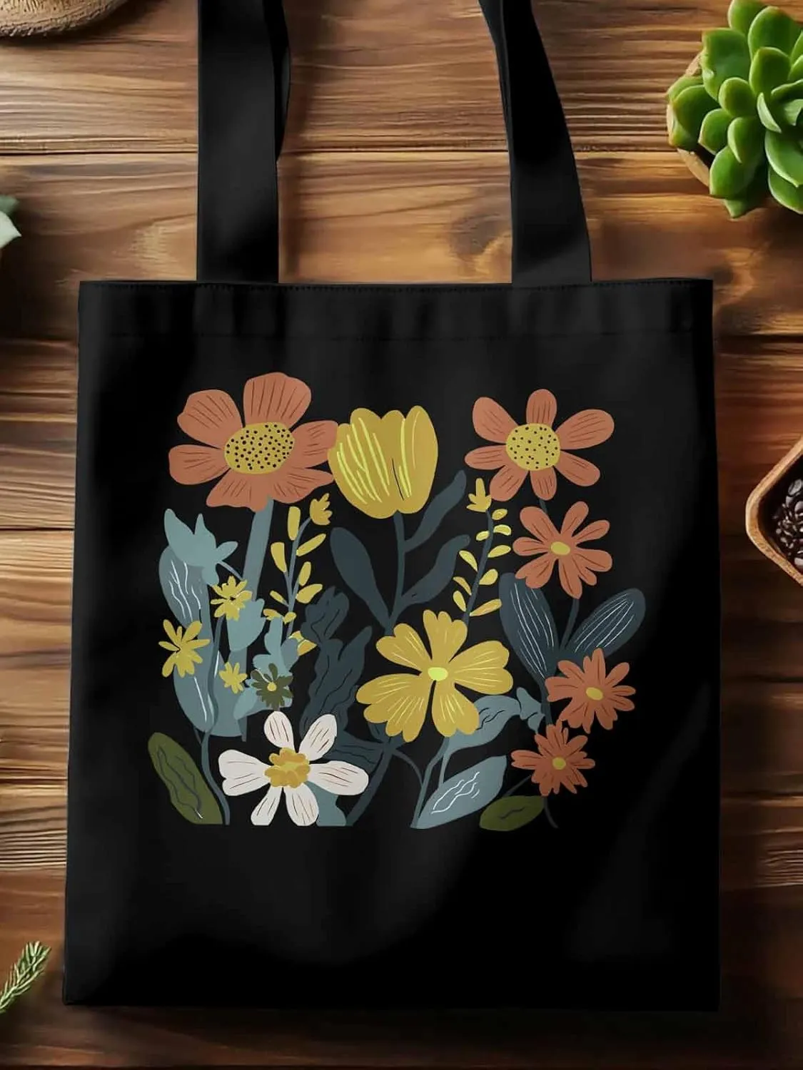 Canvas Tote Bag, Farmhouse Boho Daisy Flowers Aesthetic Canvas Tote Handbags for Women Shoulder Bag