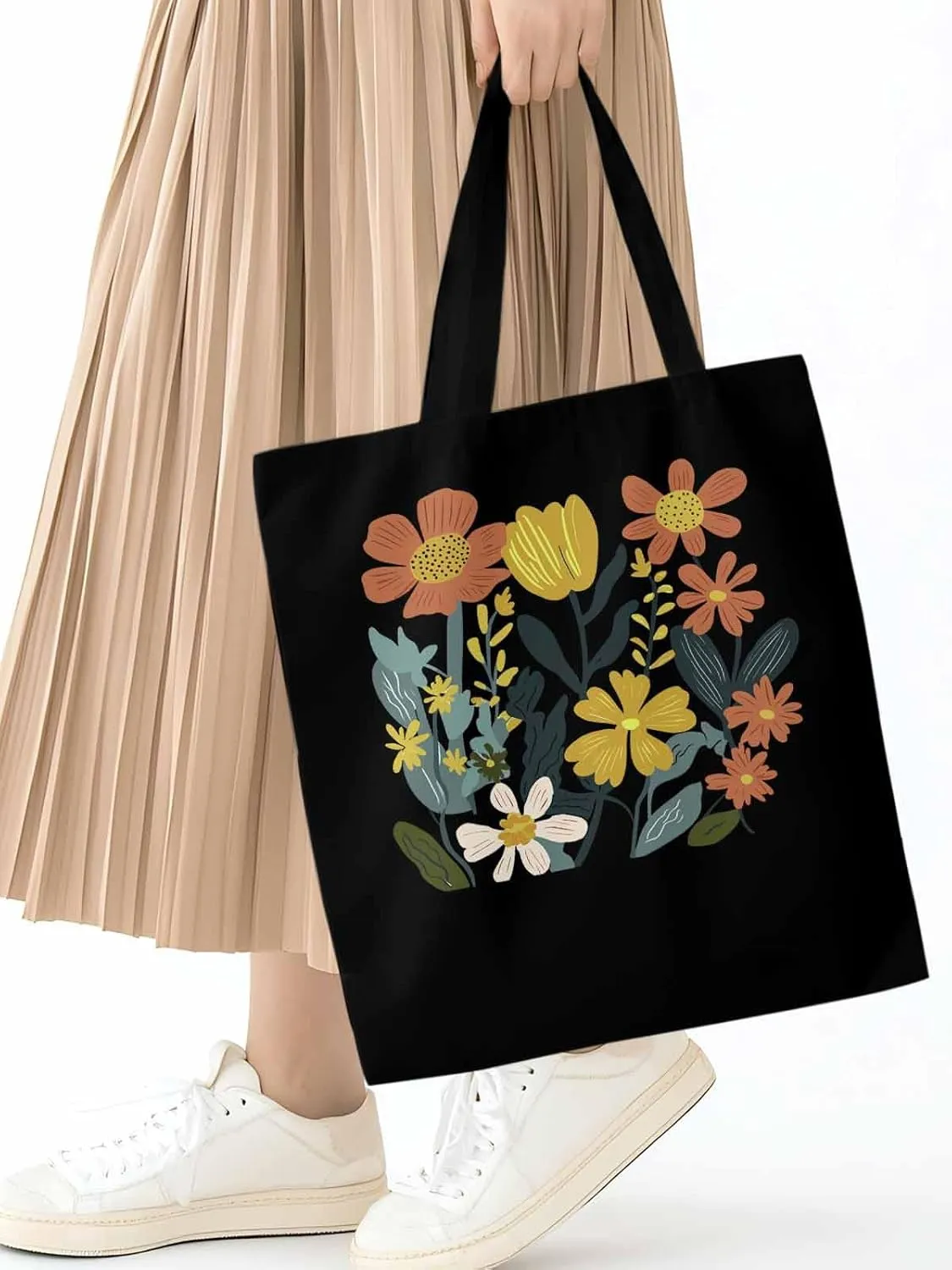 Canvas Tote Bag, Farmhouse Boho Daisy Flowers Aesthetic Canvas Tote Handbags for Women Shoulder Bag
