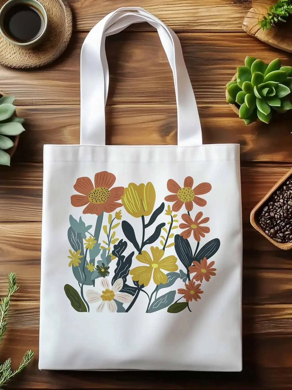 Canvas Tote Bag, Farmhouse Boho Daisy Flowers Aesthetic Canvas Tote Handbags for Women Shoulder Bag
