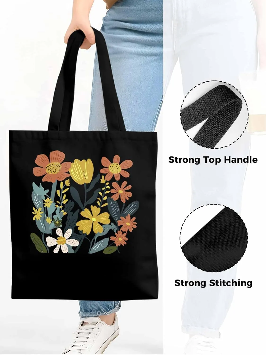 Canvas Tote Bag, Farmhouse Boho Daisy Flowers Aesthetic Canvas Tote Handbags for Women Shoulder Bag