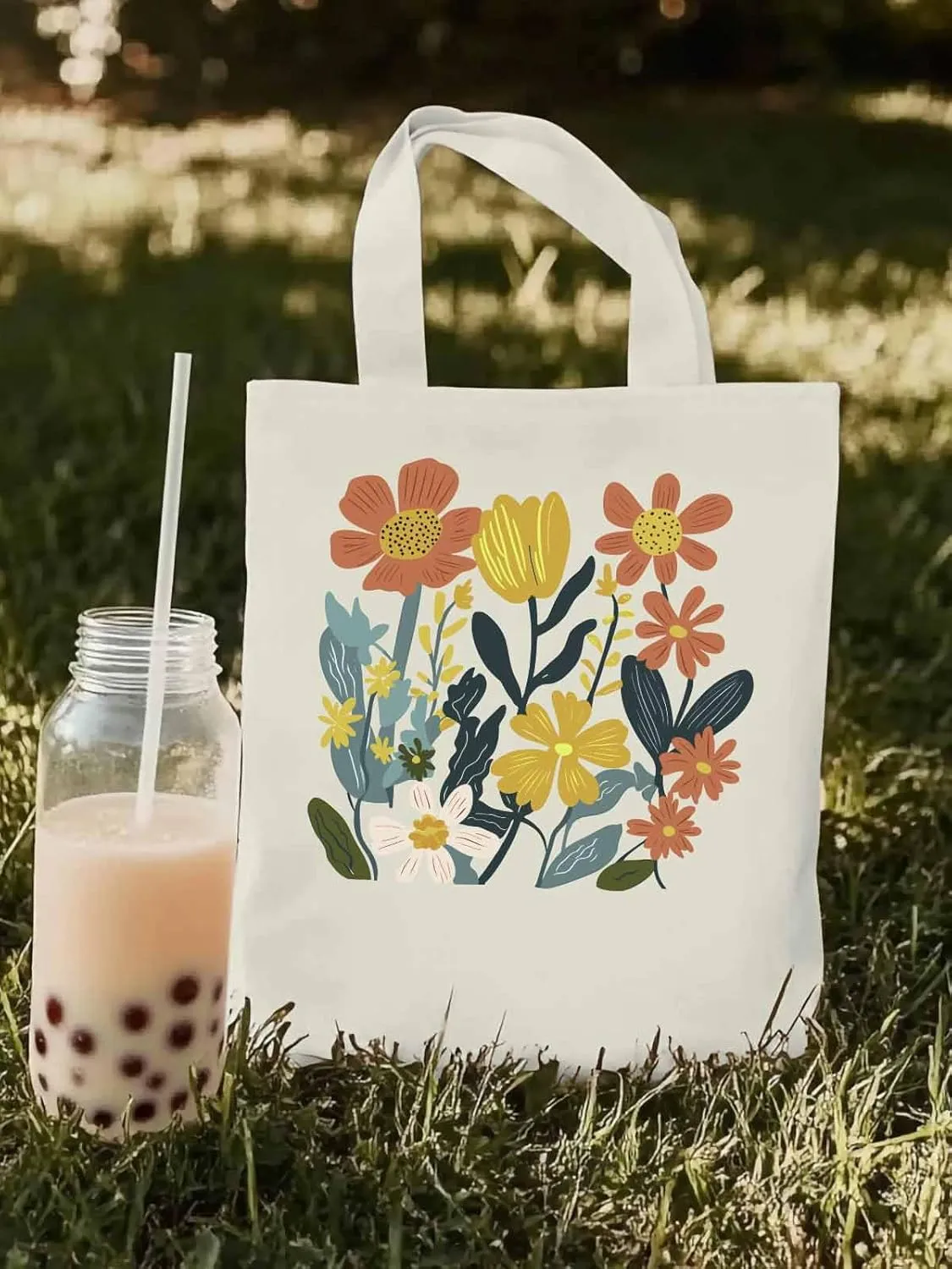 Canvas Tote Bag, Farmhouse Boho Daisy Flowers Aesthetic Canvas Tote Handbags for Women Shoulder Bag