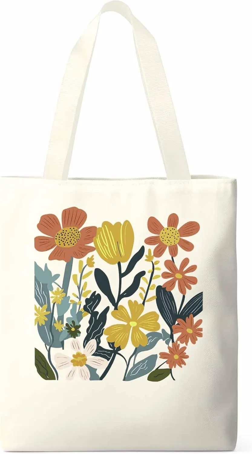 Canvas Tote Bag, Farmhouse Boho Daisy Flowers Aesthetic Canvas Tote Handbags for Women Shoulder Bag