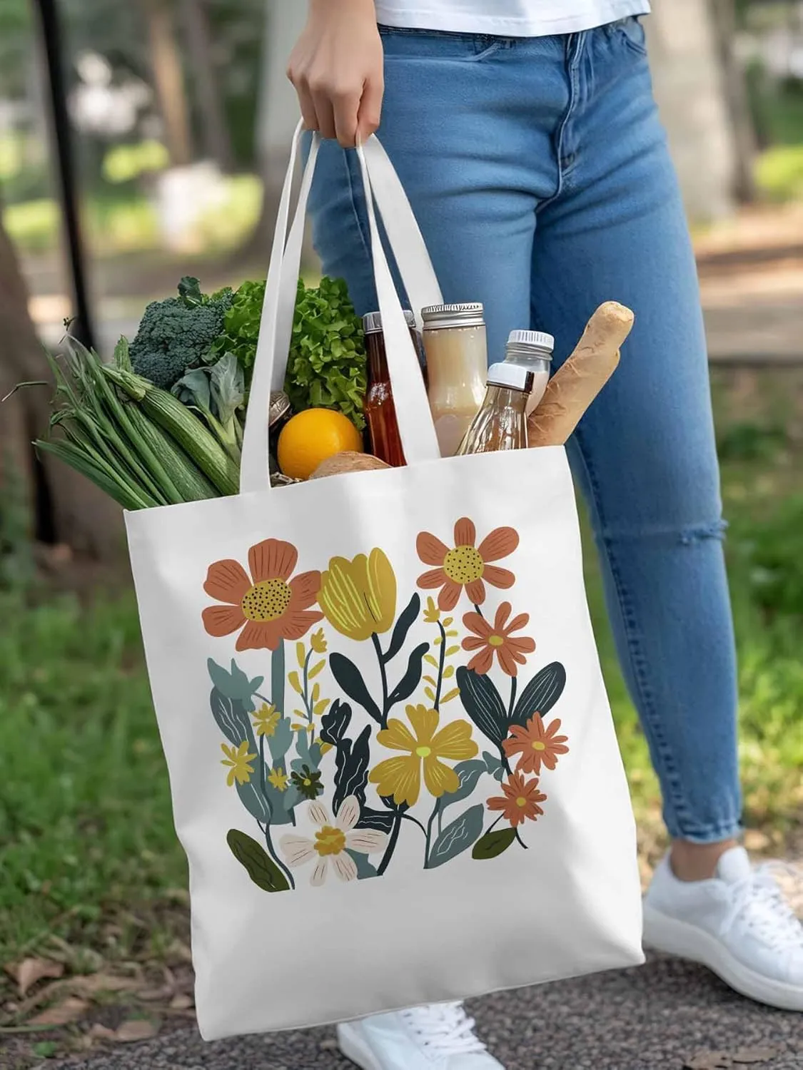 Canvas Tote Bag, Farmhouse Boho Daisy Flowers Aesthetic Canvas Tote Handbags for Women Shoulder Bag