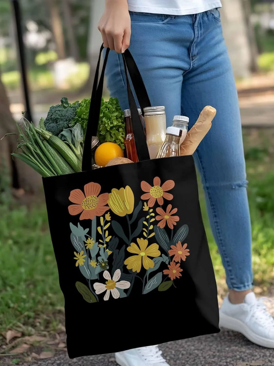 Canvas Tote Bag, Farmhouse Boho Daisy Flowers Aesthetic Canvas Tote Handbags for Women Shoulder Bag