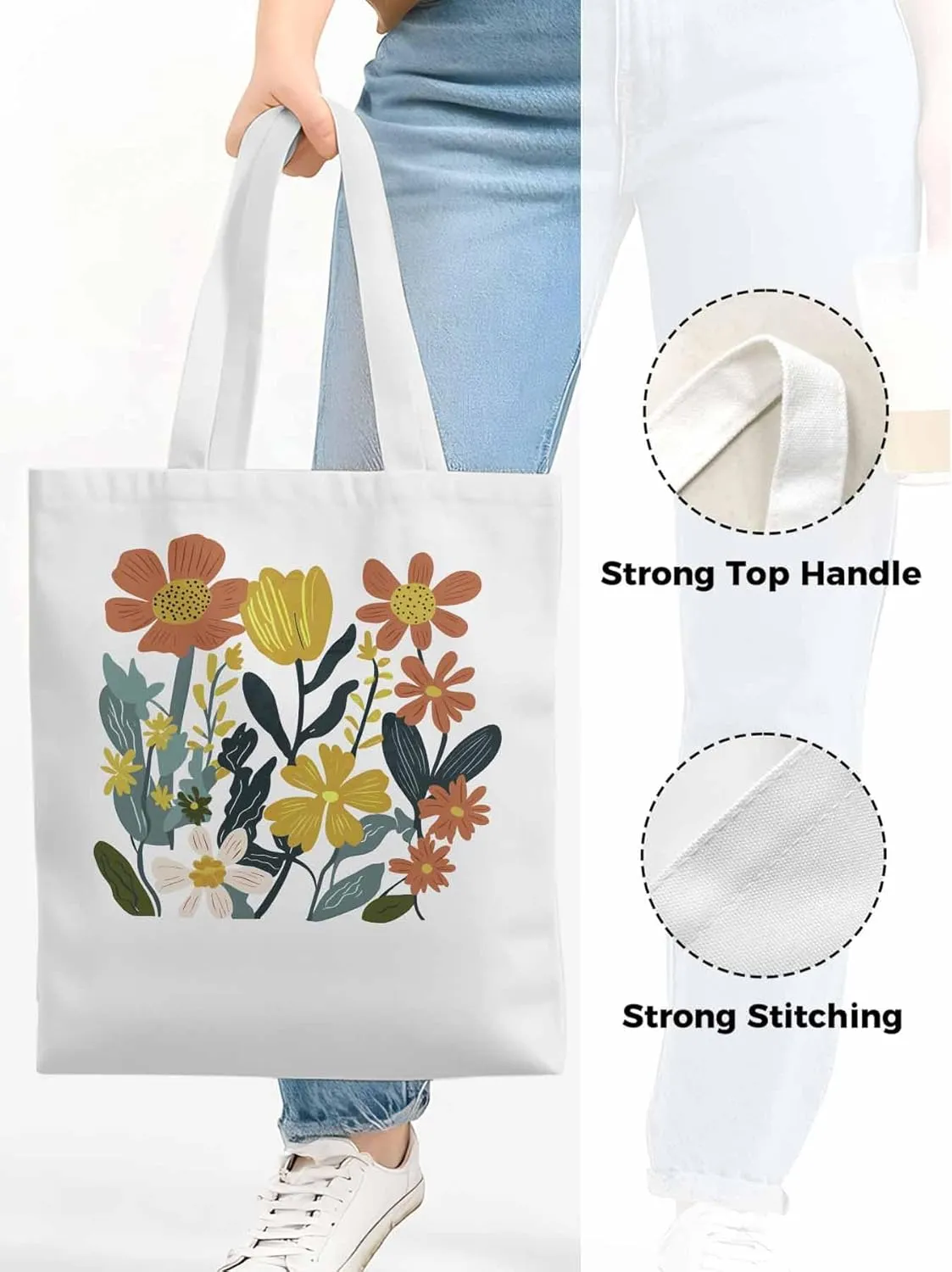 Canvas Tote Bag, Farmhouse Boho Daisy Flowers Aesthetic Canvas Tote Handbags for Women Shoulder Bag