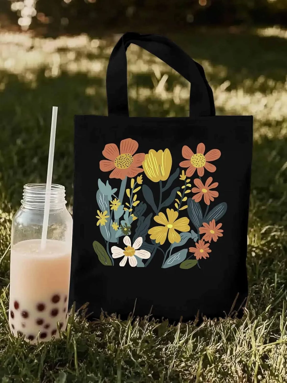 Canvas Tote Bag, Farmhouse Boho Daisy Flowers Aesthetic Canvas Tote Handbags for Women Shoulder Bag