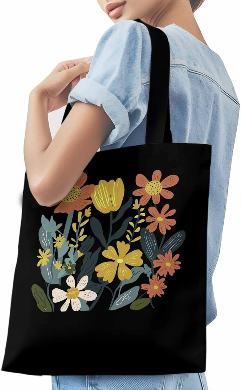 Canvas Tote Bag, Farmhouse Boho Daisy Flowers Aesthetic Canvas Tote Handbags for Women Shoulder Bag