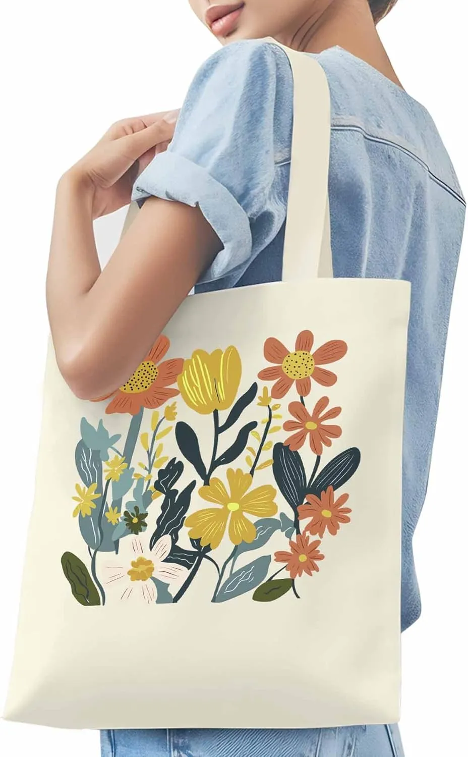Canvas Tote Bag, Farmhouse Boho Daisy Flowers Aesthetic Canvas Tote Handbags for Women Shoulder Bag