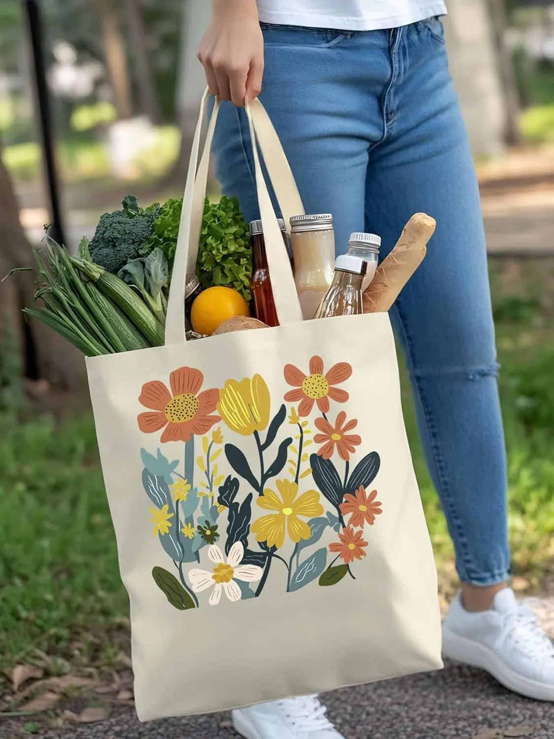 Canvas Tote Bag, Farmhouse Boho Daisy Flowers Aesthetic Canvas Tote Handbags for Women Shoulder Bag