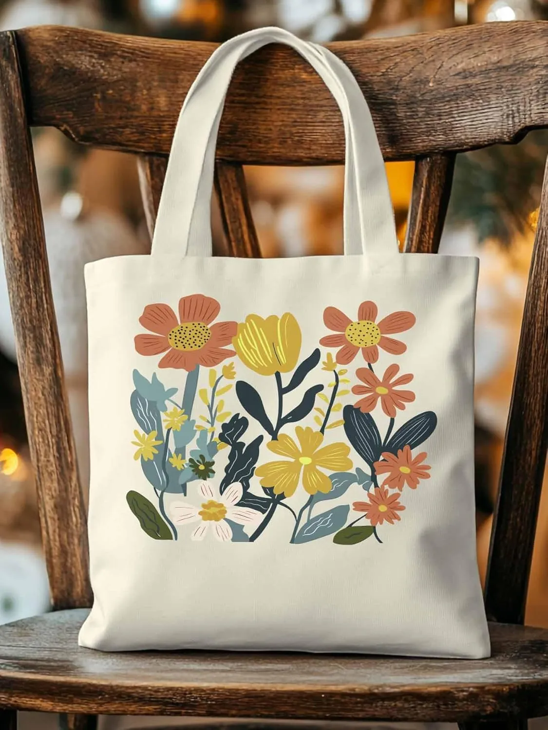 Canvas Tote Bag, Farmhouse Boho Daisy Flowers Aesthetic Canvas Tote Handbags for Women Shoulder Bag