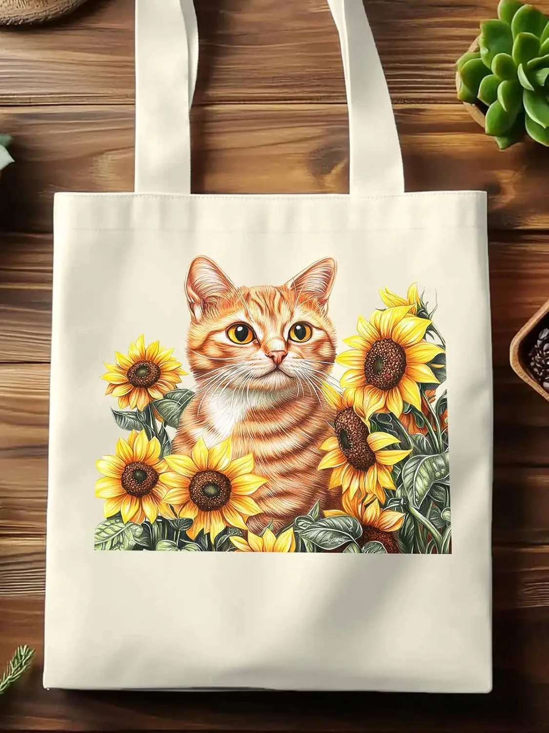 Canvas Tote Bag, Farmhouse Cat Sunflower Aesthetic Canvas Tote Handbags for Women Shoulder Bag