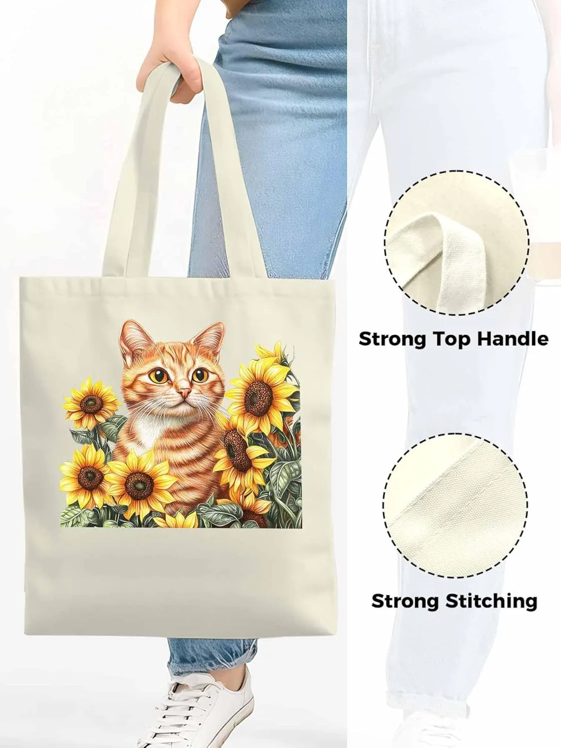 Canvas Tote Bag, Farmhouse Cat Sunflower Aesthetic Canvas Tote Handbags for Women Shoulder Bag