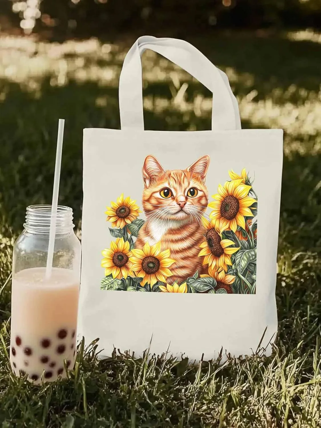 Canvas Tote Bag, Farmhouse Cat Sunflower Aesthetic Canvas Tote Handbags for Women Shoulder Bag