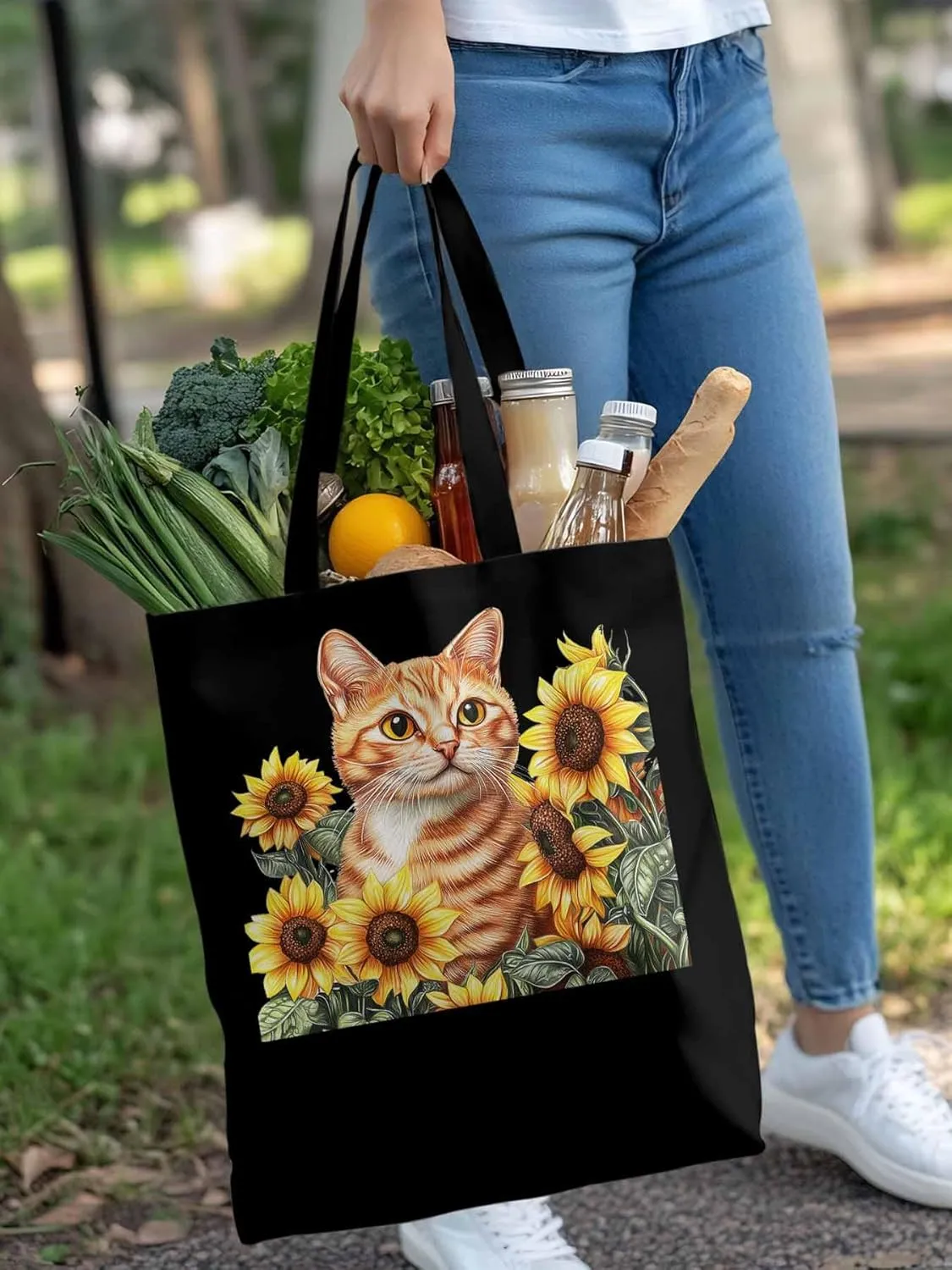 Canvas Tote Bag, Farmhouse Cat Sunflower Aesthetic Canvas Tote Handbags for Women Shoulder Bag