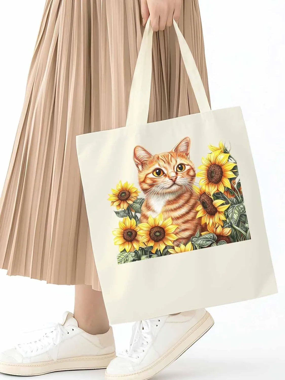 Canvas Tote Bag, Farmhouse Cat Sunflower Aesthetic Canvas Tote Handbags for Women Shoulder Bag