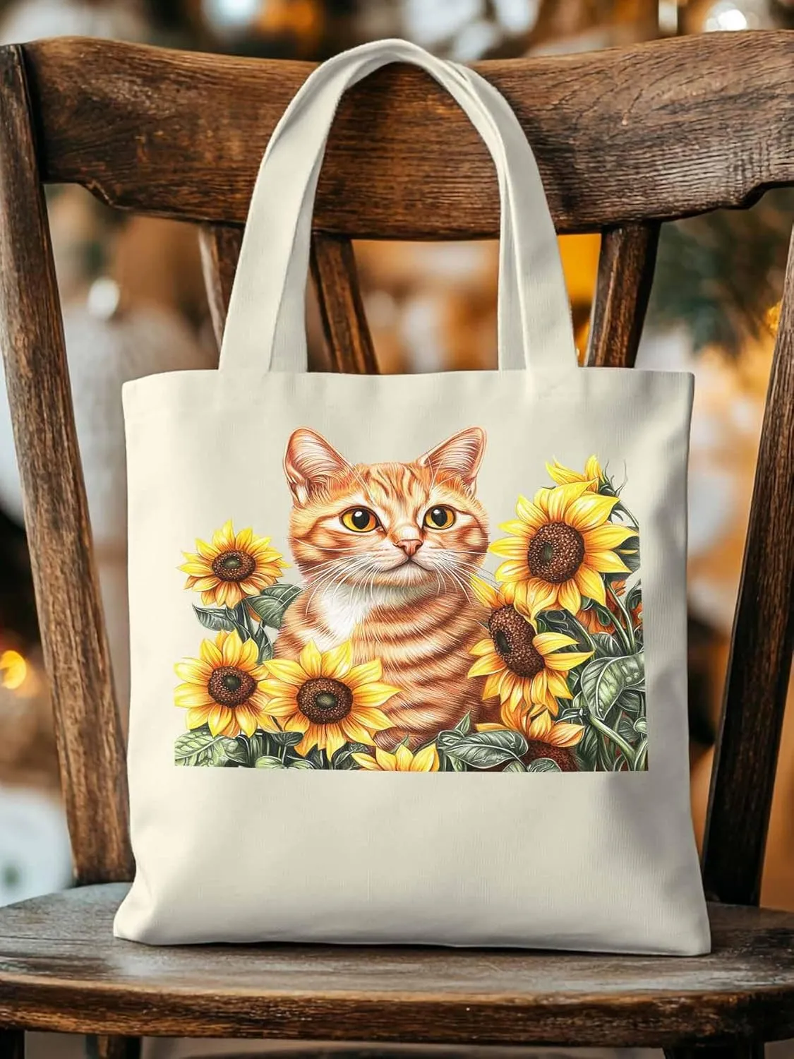 Canvas Tote Bag, Farmhouse Cat Sunflower Aesthetic Canvas Tote Handbags for Women Shoulder Bag