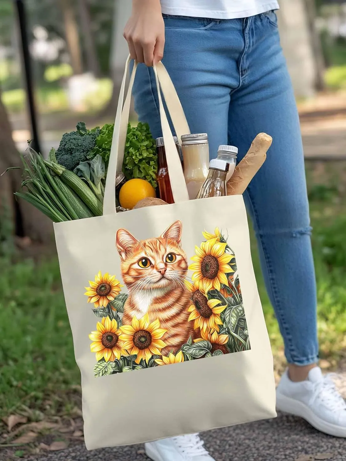 Canvas Tote Bag, Farmhouse Cat Sunflower Aesthetic Canvas Tote Handbags for Women Shoulder Bag