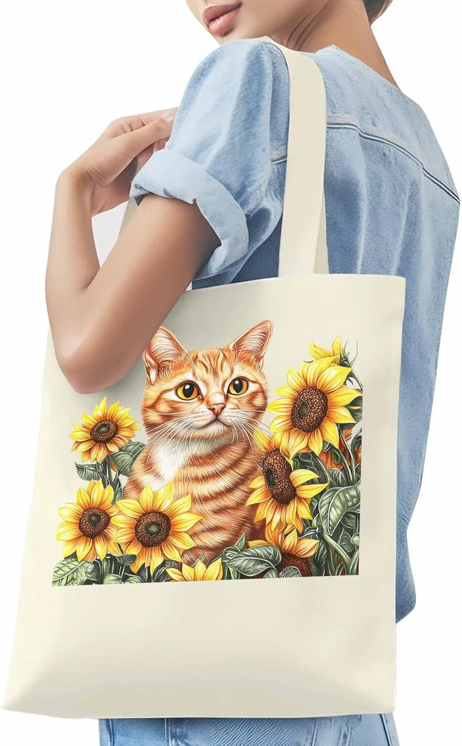 Canvas Tote Bag, Farmhouse Cat Sunflower Aesthetic Canvas Tote Handbags for Women Shoulder Bag