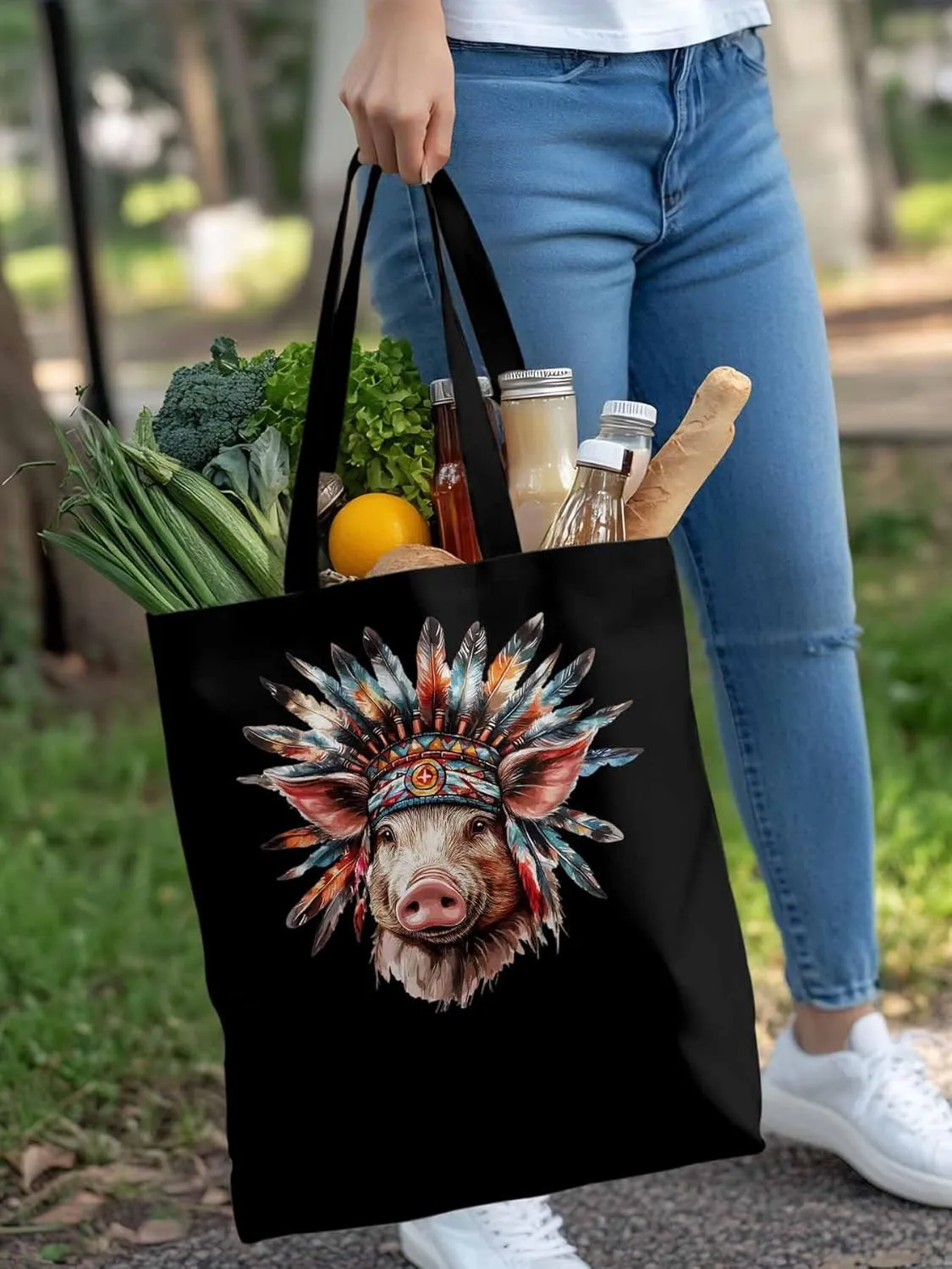 Canvas Tote Bag, Farmhouse Indian Pig Aesthetic Canvas Tote Handbags for Women Shoulder Bag,