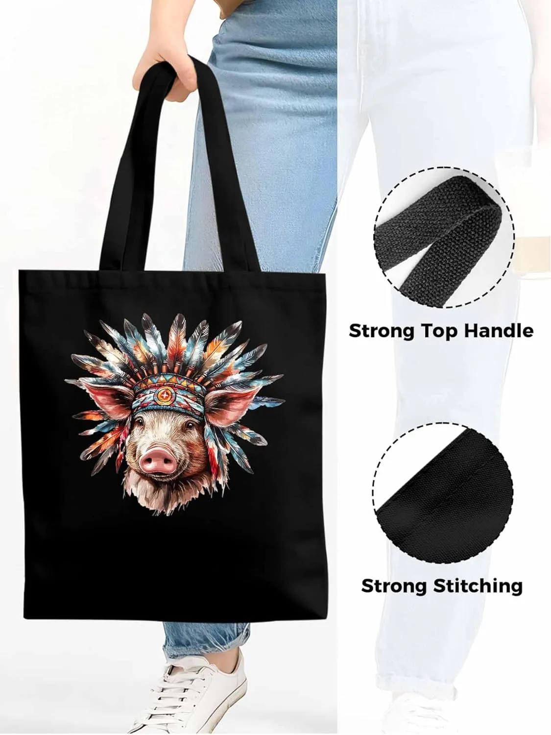 Canvas Tote Bag, Farmhouse Indian Pig Aesthetic Canvas Tote Handbags for Women Shoulder Bag,