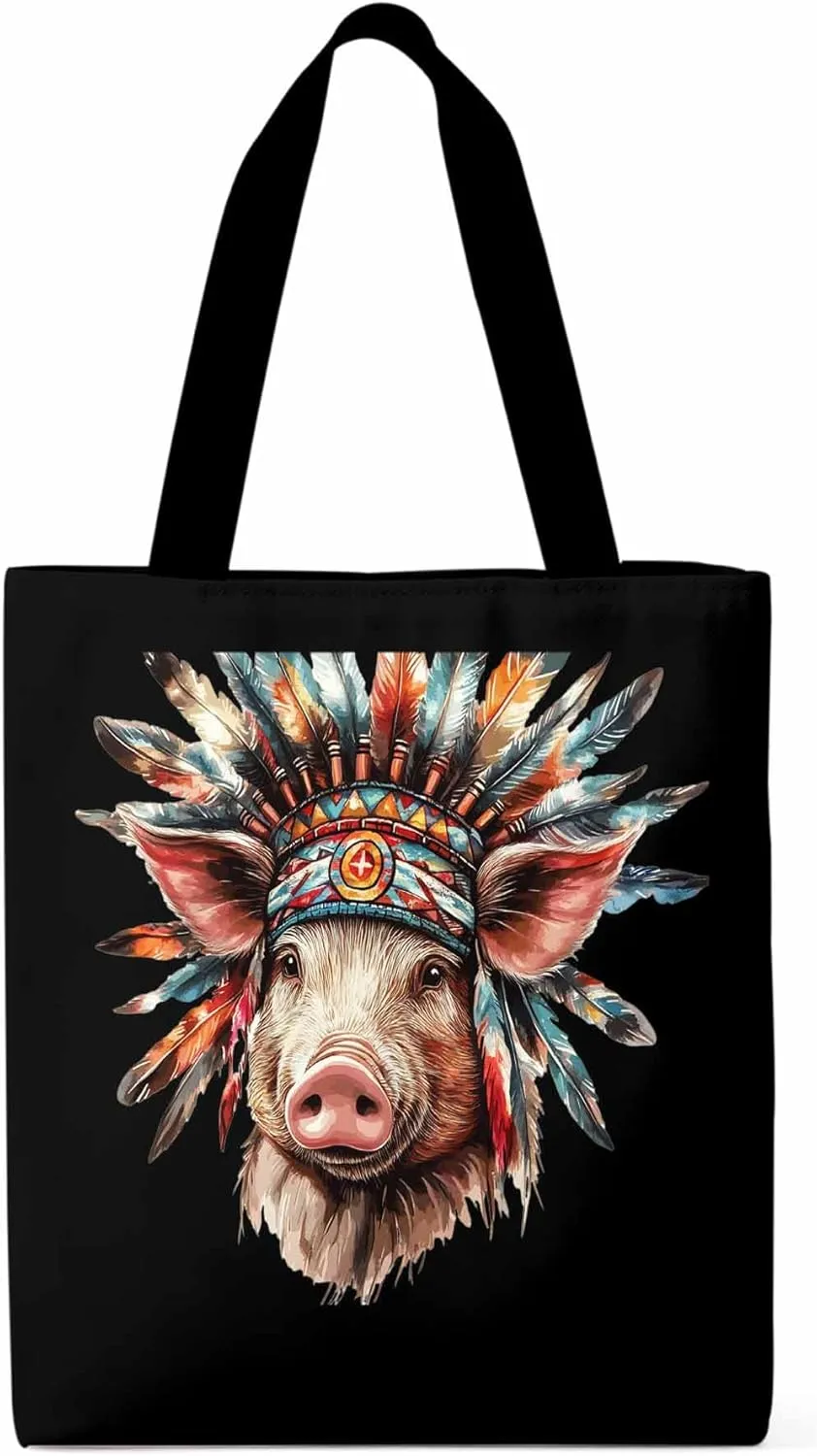 Canvas Tote Bag, Farmhouse Indian Pig Aesthetic Canvas Tote Handbags for Women Shoulder Bag,