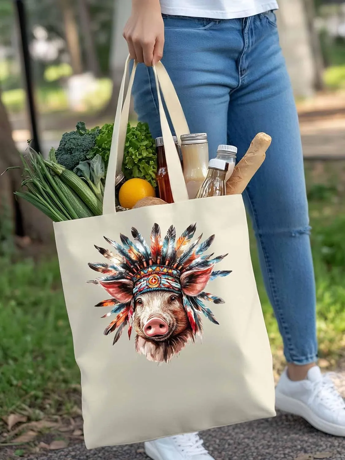 Canvas Tote Bag, Farmhouse Indian Pig Aesthetic Canvas Tote Handbags for Women Shoulder Bag,