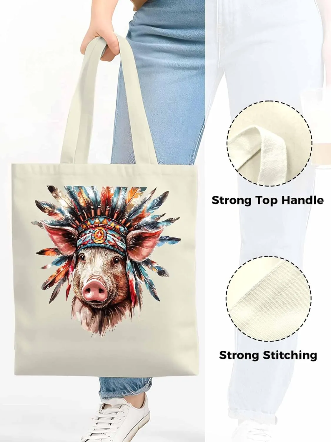 Canvas Tote Bag, Farmhouse Indian Pig Aesthetic Canvas Tote Handbags for Women Shoulder Bag,