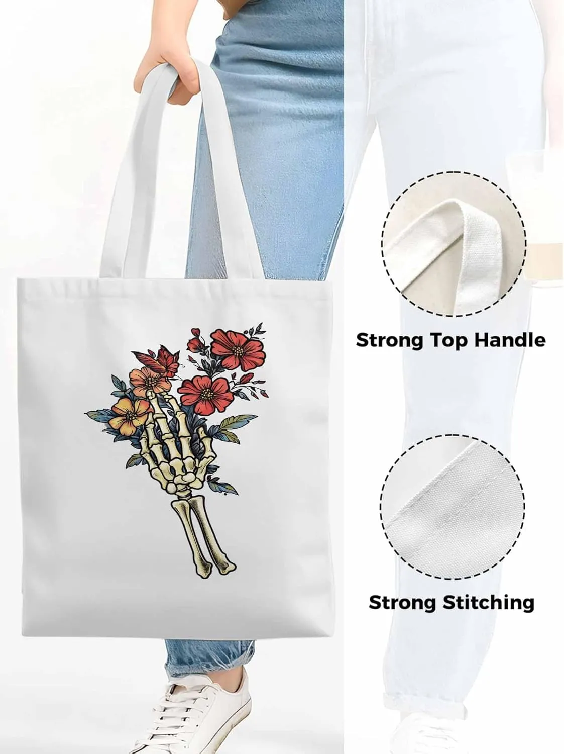 Canvas Tote Bag, Floral Skull Hands Aesthetic Canvas Tote Handbags for Women Shoulder Bag,