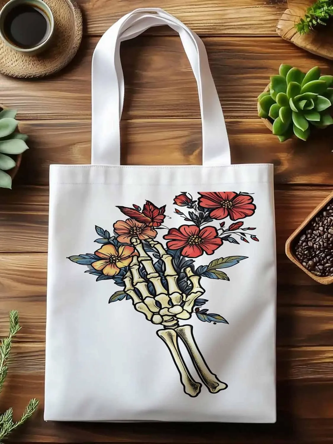 Canvas Tote Bag, Floral Skull Hands Aesthetic Canvas Tote Handbags for Women Shoulder Bag,