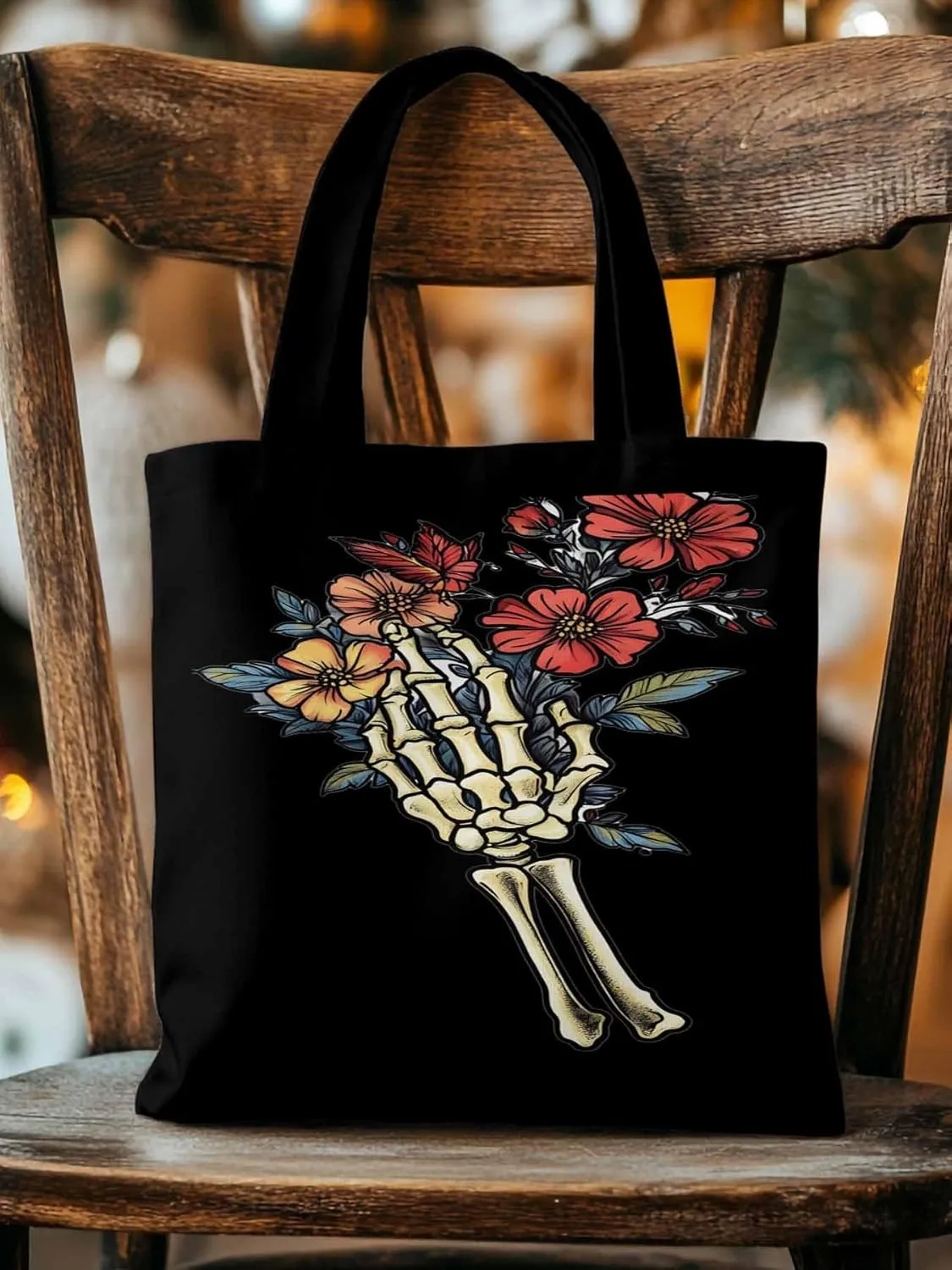 Canvas Tote Bag, Floral Skull Hands Aesthetic Canvas Tote Handbags for Women Shoulder Bag,