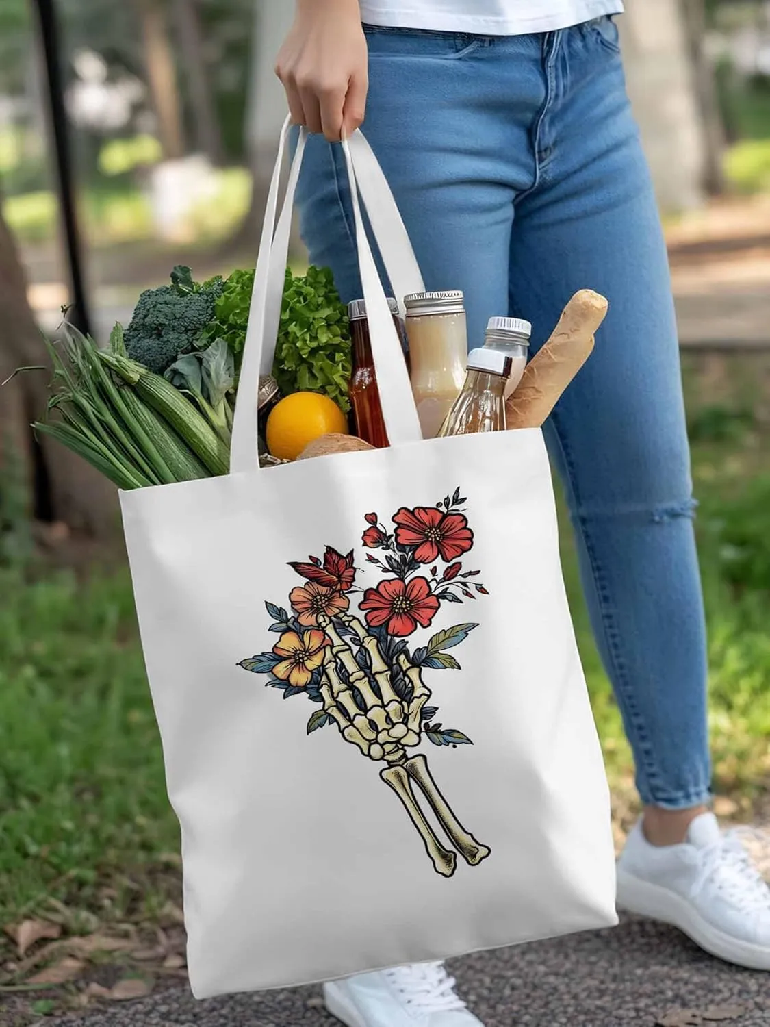 Canvas Tote Bag, Floral Skull Hands Aesthetic Canvas Tote Handbags for Women Shoulder Bag,