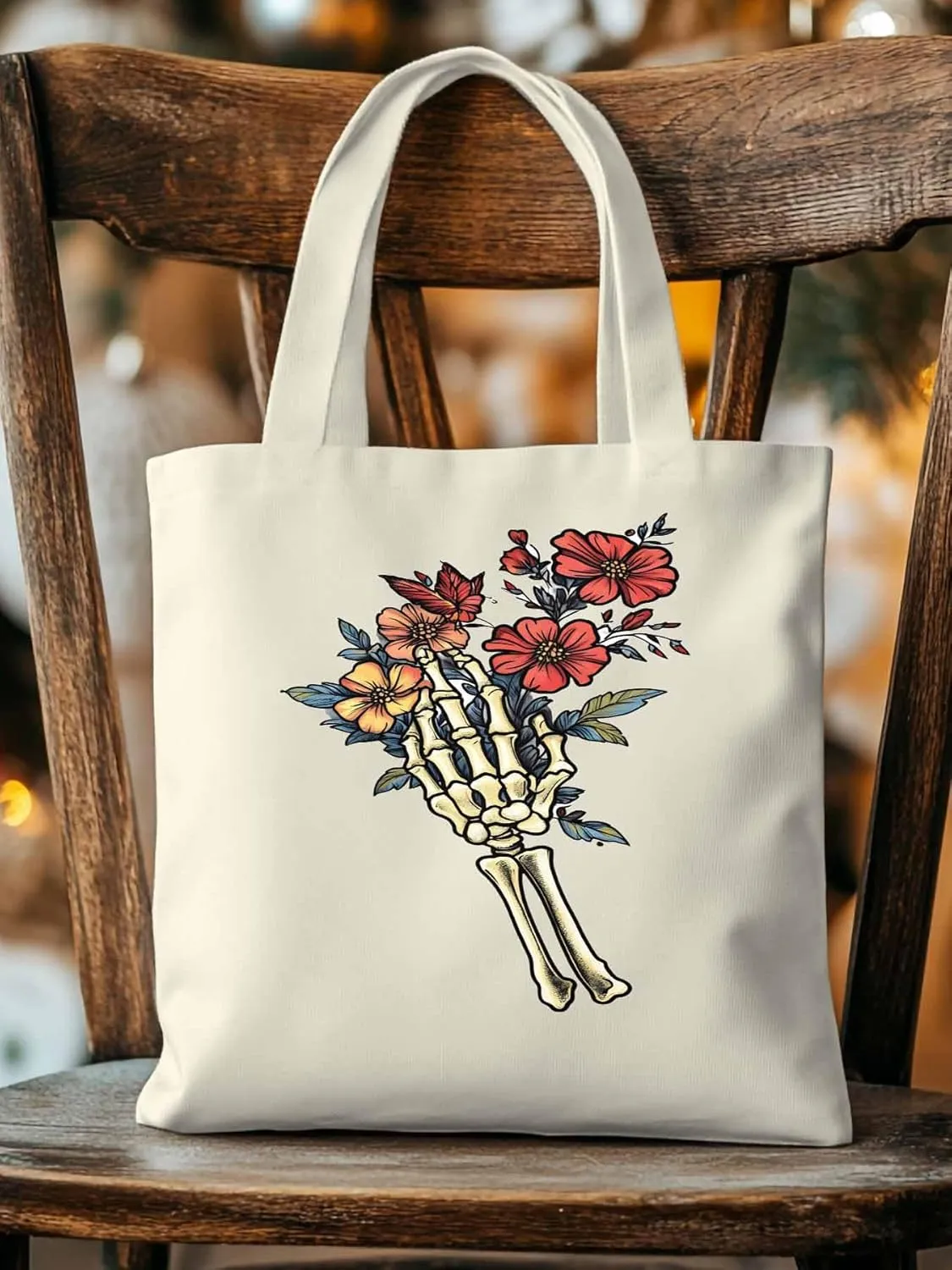 Canvas Tote Bag, Floral Skull Hands Aesthetic Canvas Tote Handbags for Women Shoulder Bag,