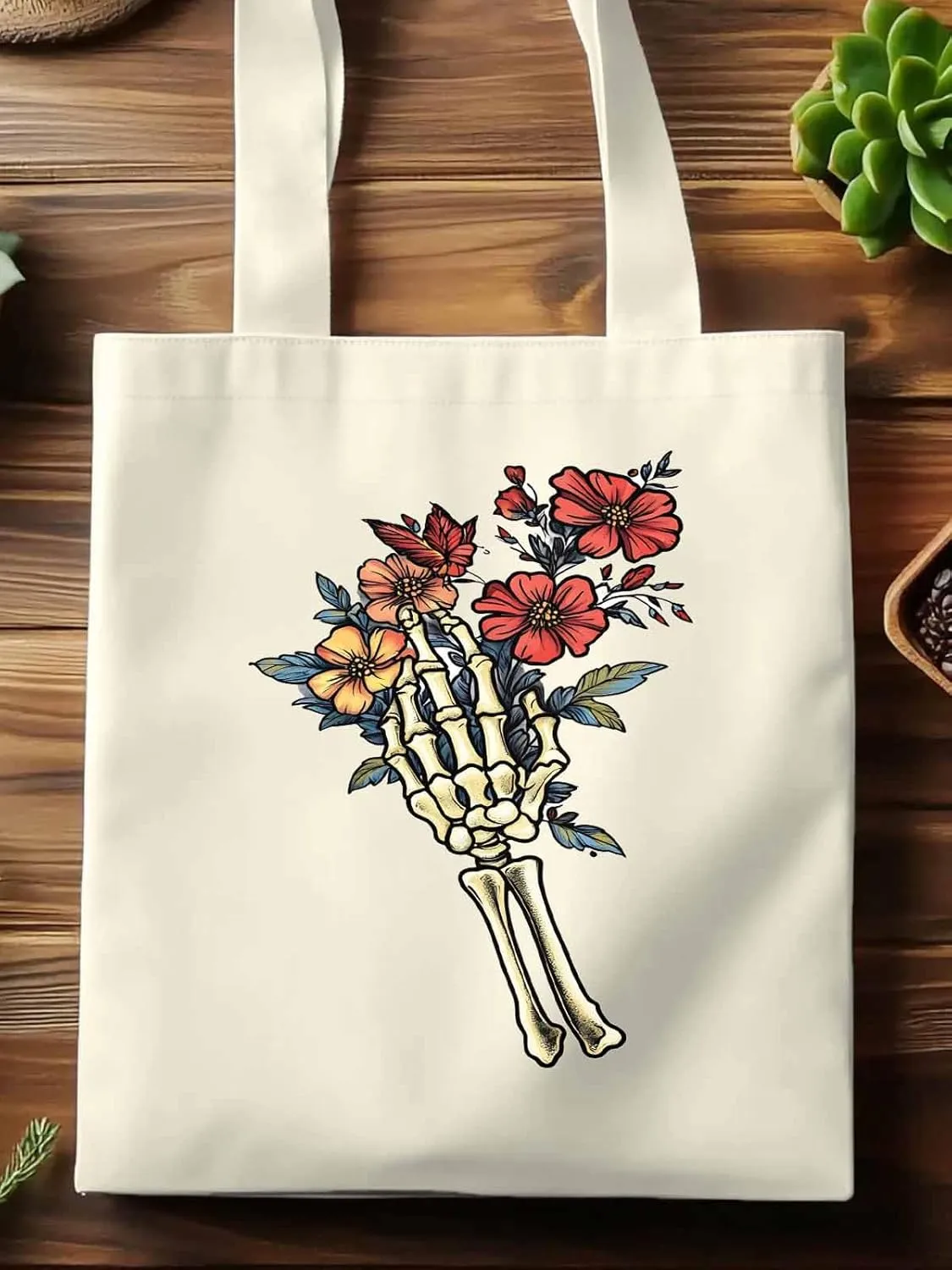 Canvas Tote Bag, Floral Skull Hands Aesthetic Canvas Tote Handbags for Women Shoulder Bag,