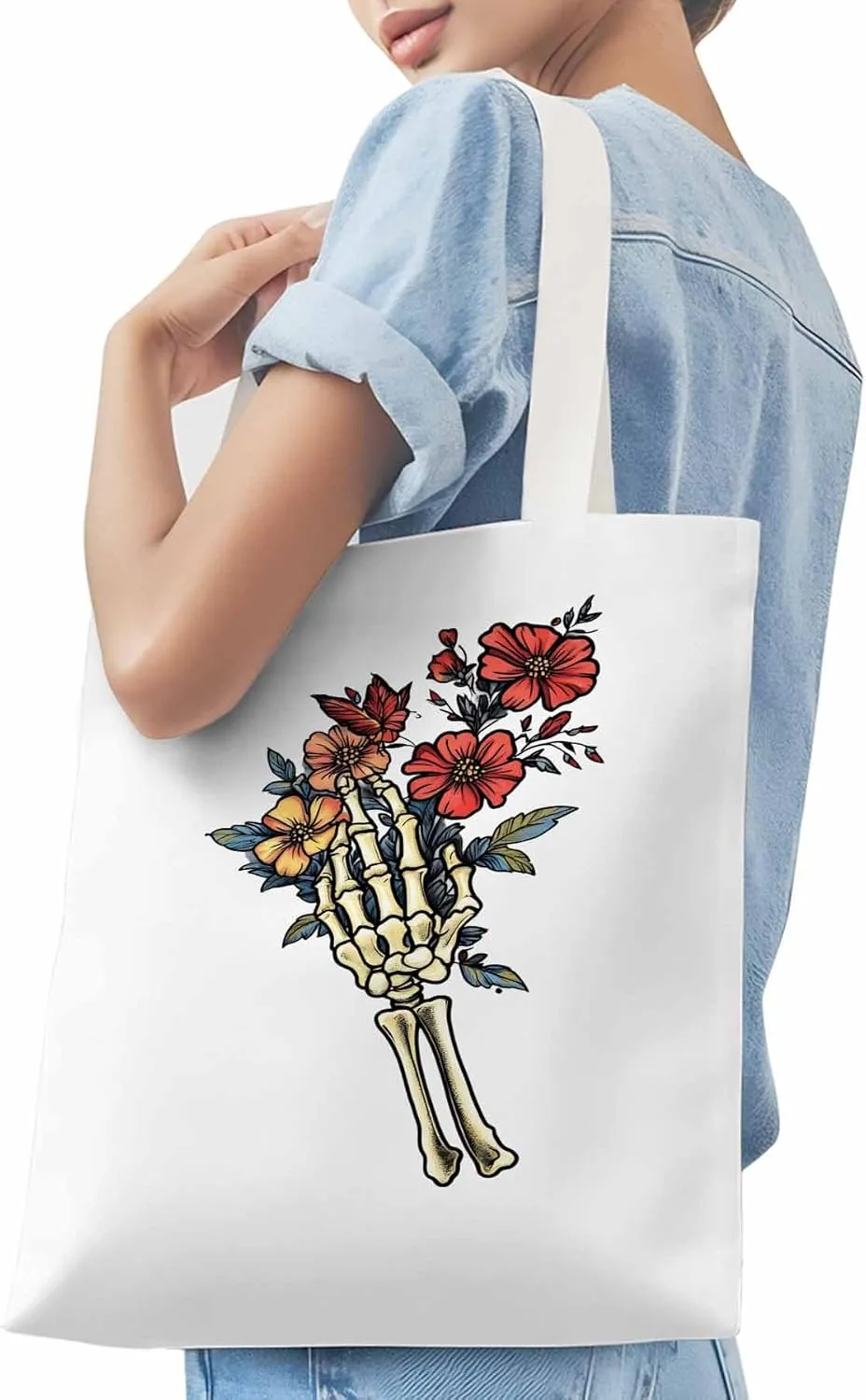 Canvas Tote Bag, Floral Skull Hands Aesthetic Canvas Tote Handbags for Women Shoulder Bag,