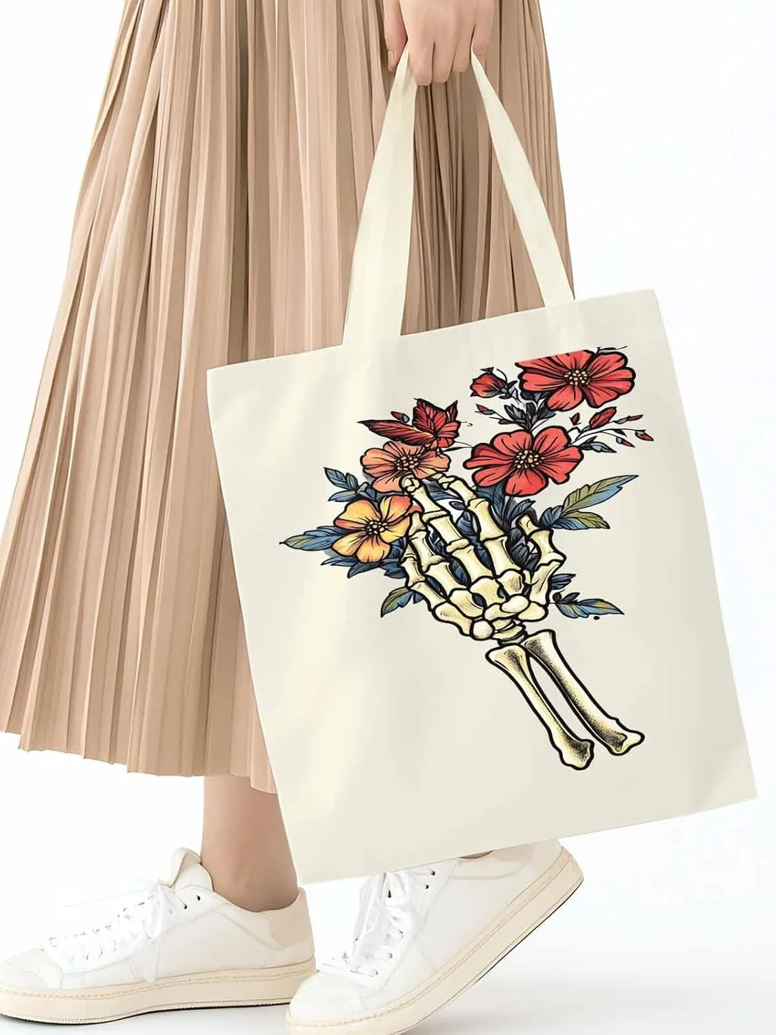 Canvas Tote Bag, Floral Skull Hands Aesthetic Canvas Tote Handbags for Women Shoulder Bag,