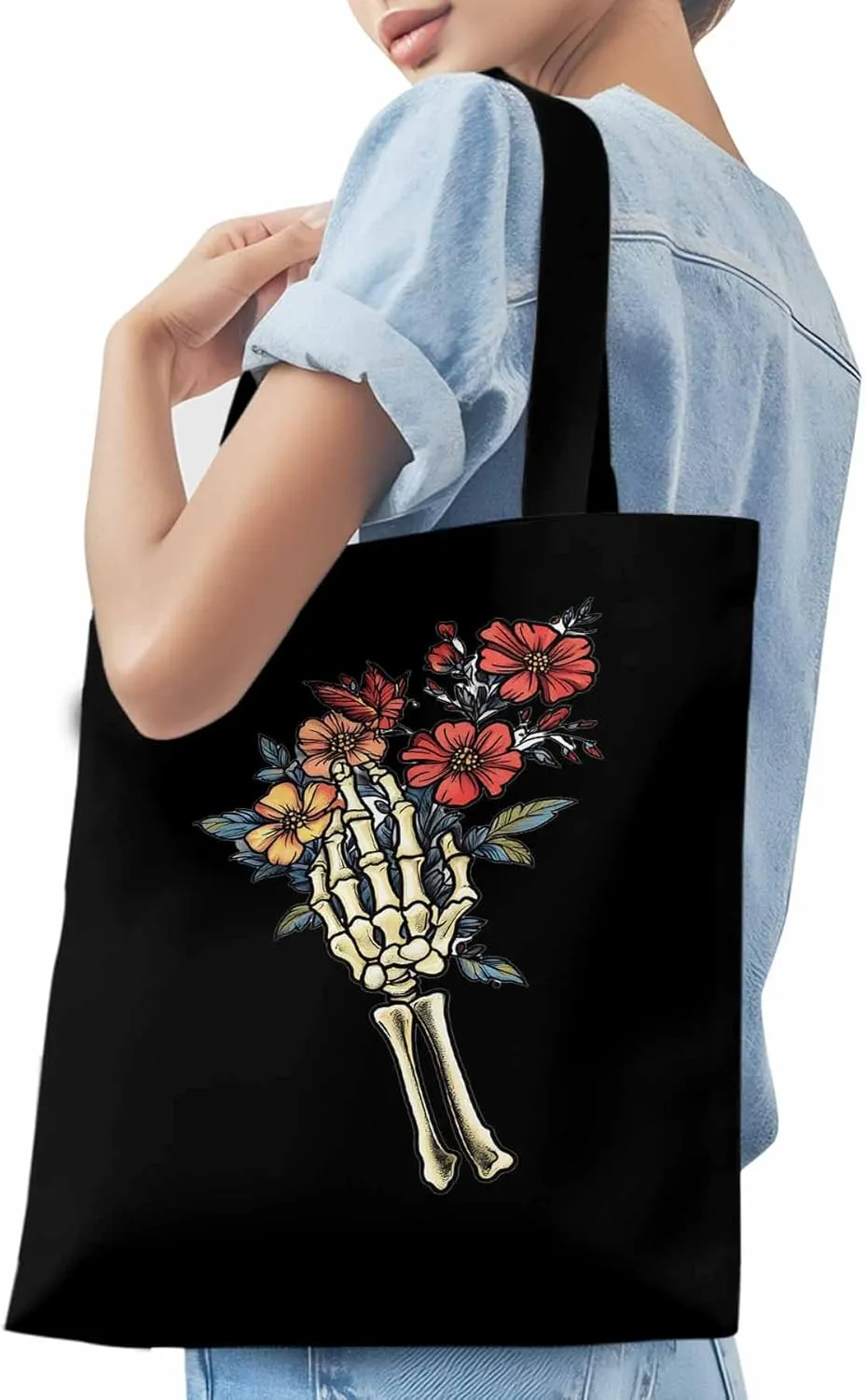 Canvas Tote Bag, Floral Skull Hands Aesthetic Canvas Tote Handbags for Women Shoulder Bag,