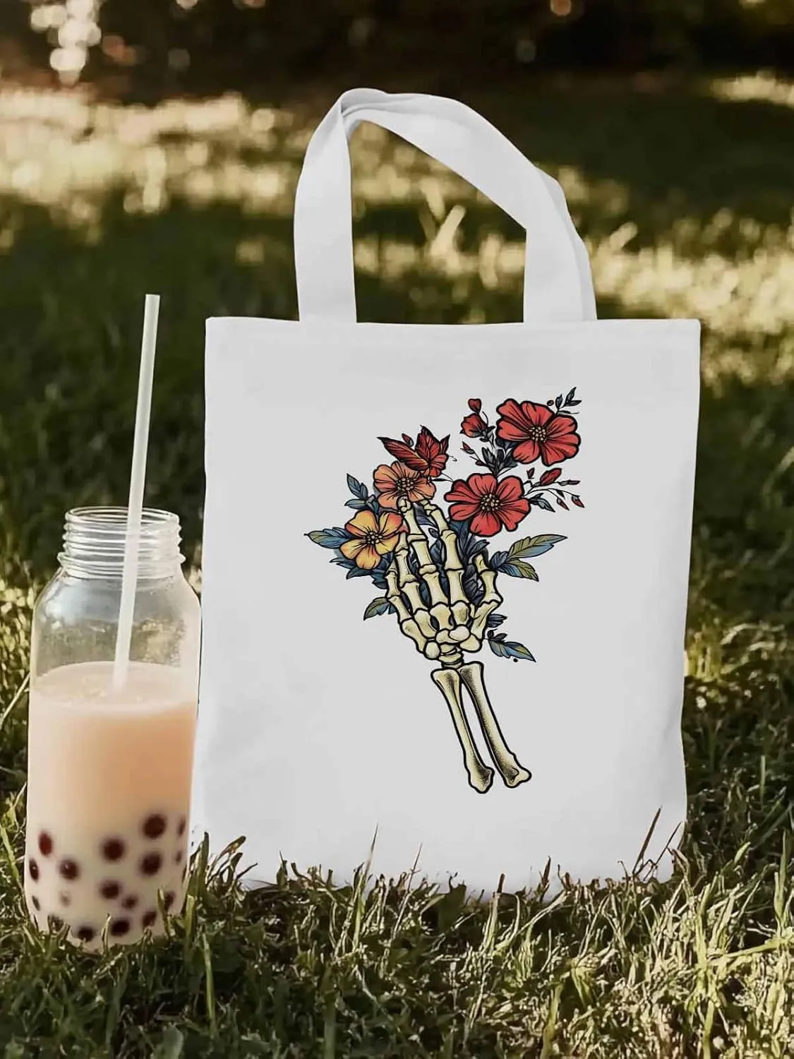 Canvas Tote Bag, Floral Skull Hands Aesthetic Canvas Tote Handbags for Women Shoulder Bag,