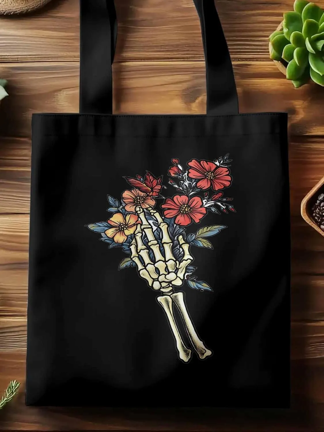 Canvas Tote Bag, Floral Skull Hands Aesthetic Canvas Tote Handbags for Women Shoulder Bag,