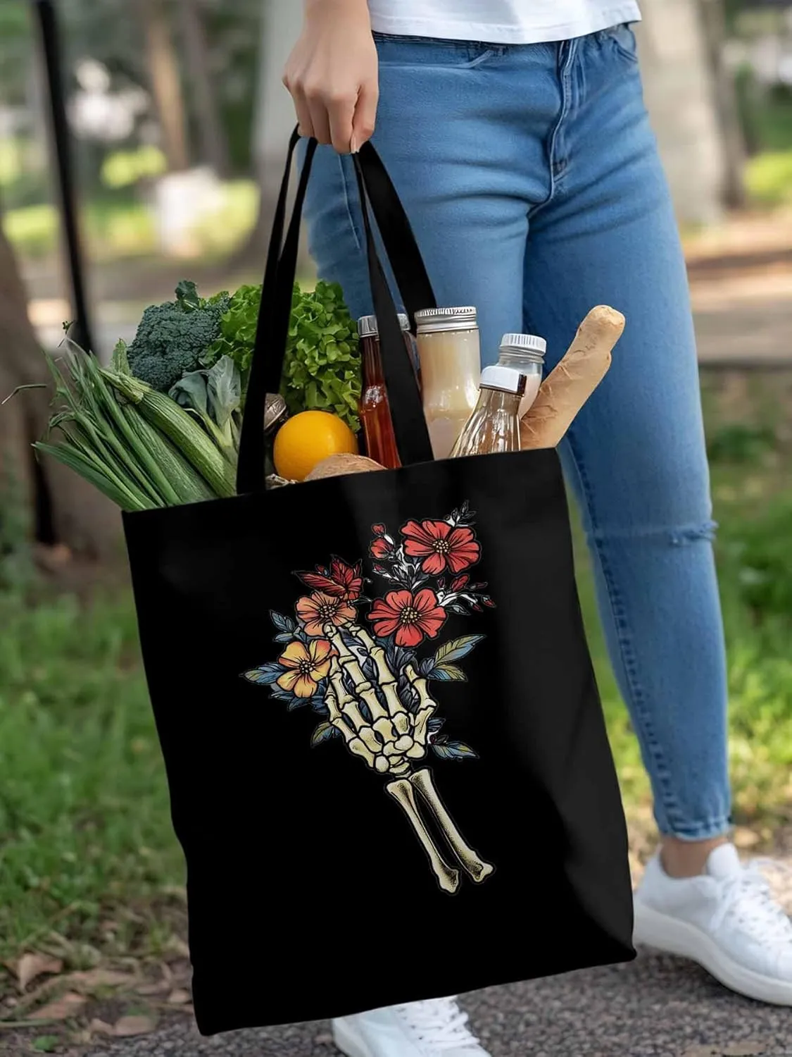 Canvas Tote Bag, Floral Skull Hands Aesthetic Canvas Tote Handbags for Women Shoulder Bag,