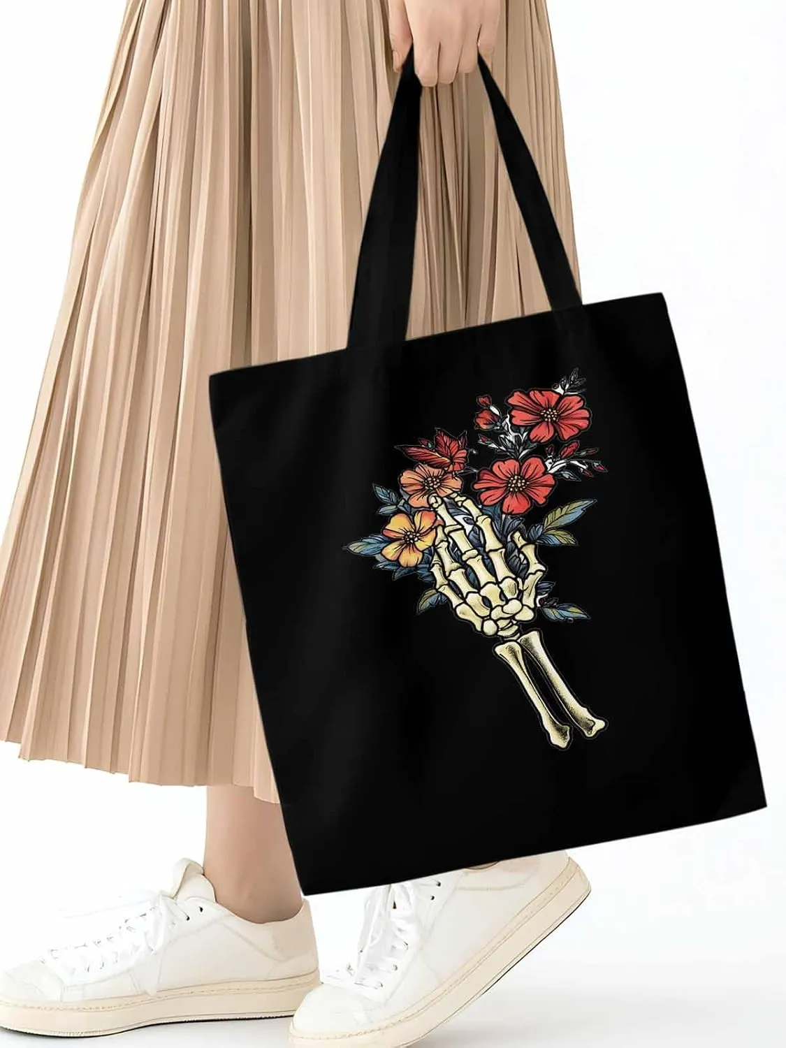 Canvas Tote Bag, Floral Skull Hands Aesthetic Canvas Tote Handbags for Women Shoulder Bag,