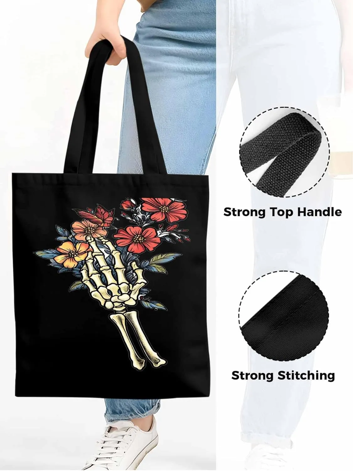 Canvas Tote Bag, Floral Skull Hands Aesthetic Canvas Tote Handbags for Women Shoulder Bag,