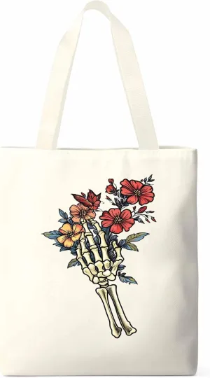 Canvas Tote Bag, Floral Skull Hands Aesthetic Canvas Tote Handbags for Women Shoulder Bag,