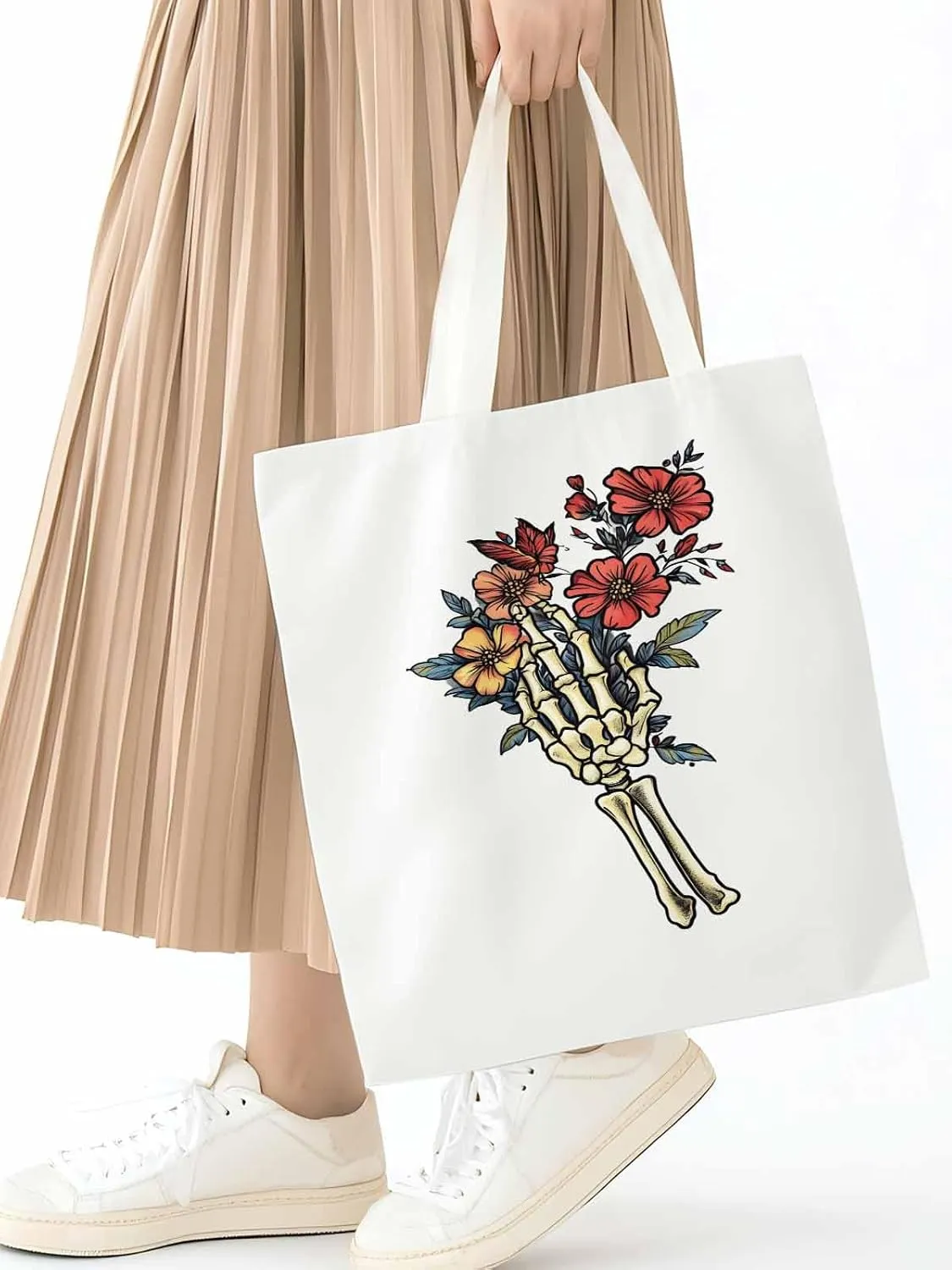 Canvas Tote Bag, Floral Skull Hands Aesthetic Canvas Tote Handbags for Women Shoulder Bag,