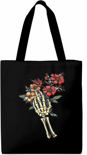 Canvas Tote Bag, Floral Skull Hands Aesthetic Canvas Tote Handbags for Women Shoulder Bag,