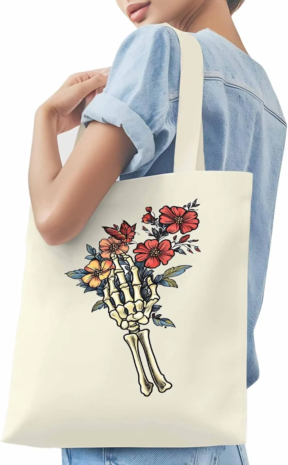 Canvas Tote Bag, Floral Skull Hands Aesthetic Canvas Tote Handbags for Women Shoulder Bag,