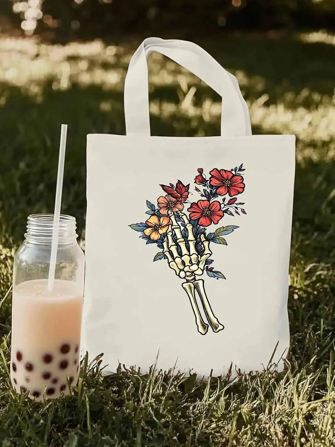 Canvas Tote Bag, Floral Skull Hands Aesthetic Canvas Tote Handbags for Women Shoulder Bag,