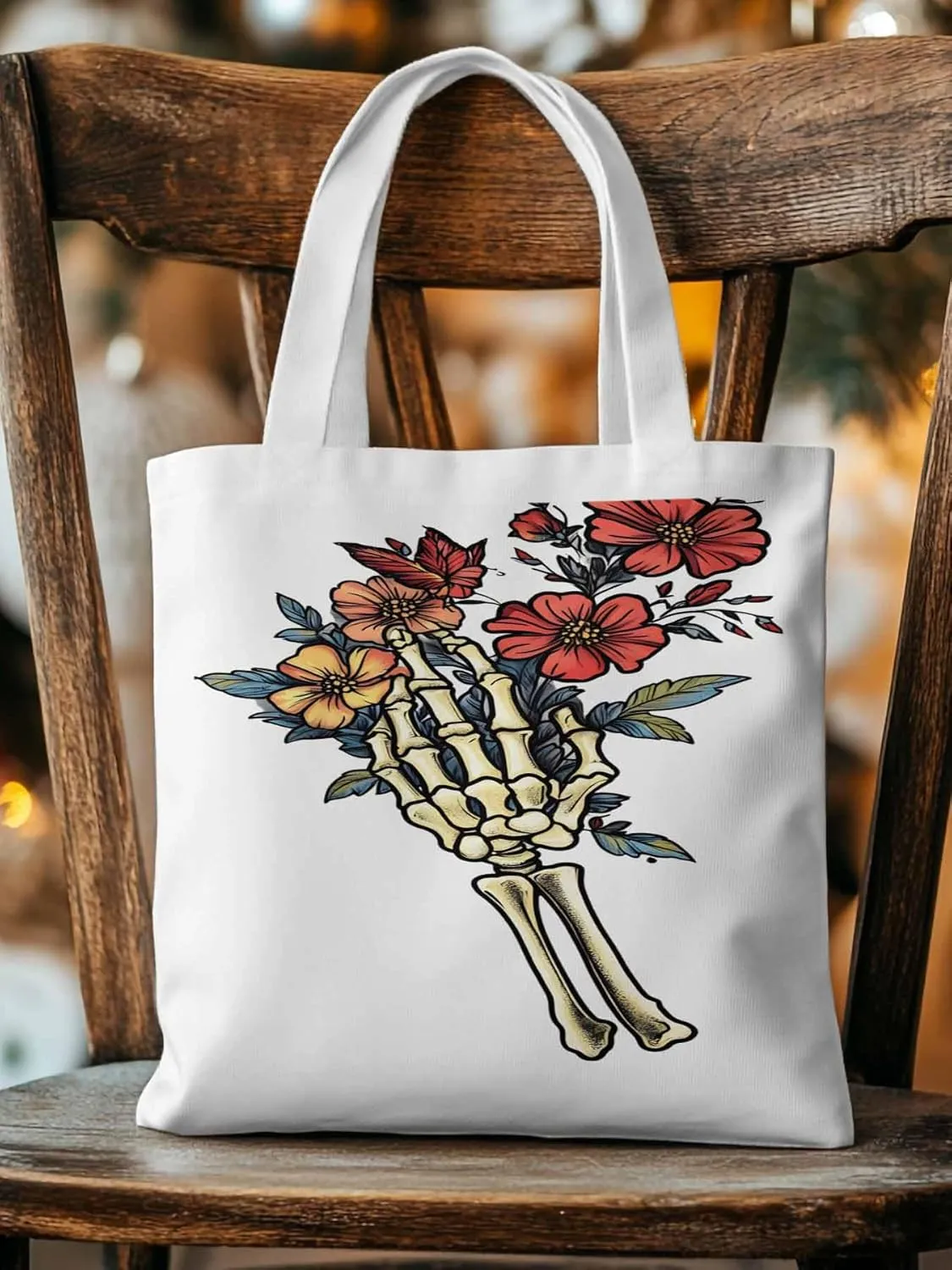 Canvas Tote Bag, Floral Skull Hands Aesthetic Canvas Tote Handbags for Women Shoulder Bag,