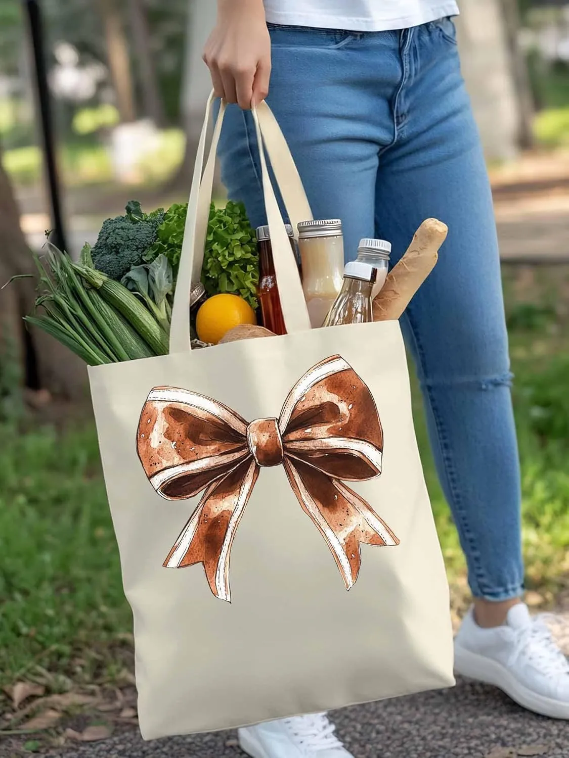 Canvas Tote Bag, Football Color Bow Retro Aesthetic Canvas Tote Handbags for Women Shoulder Bag