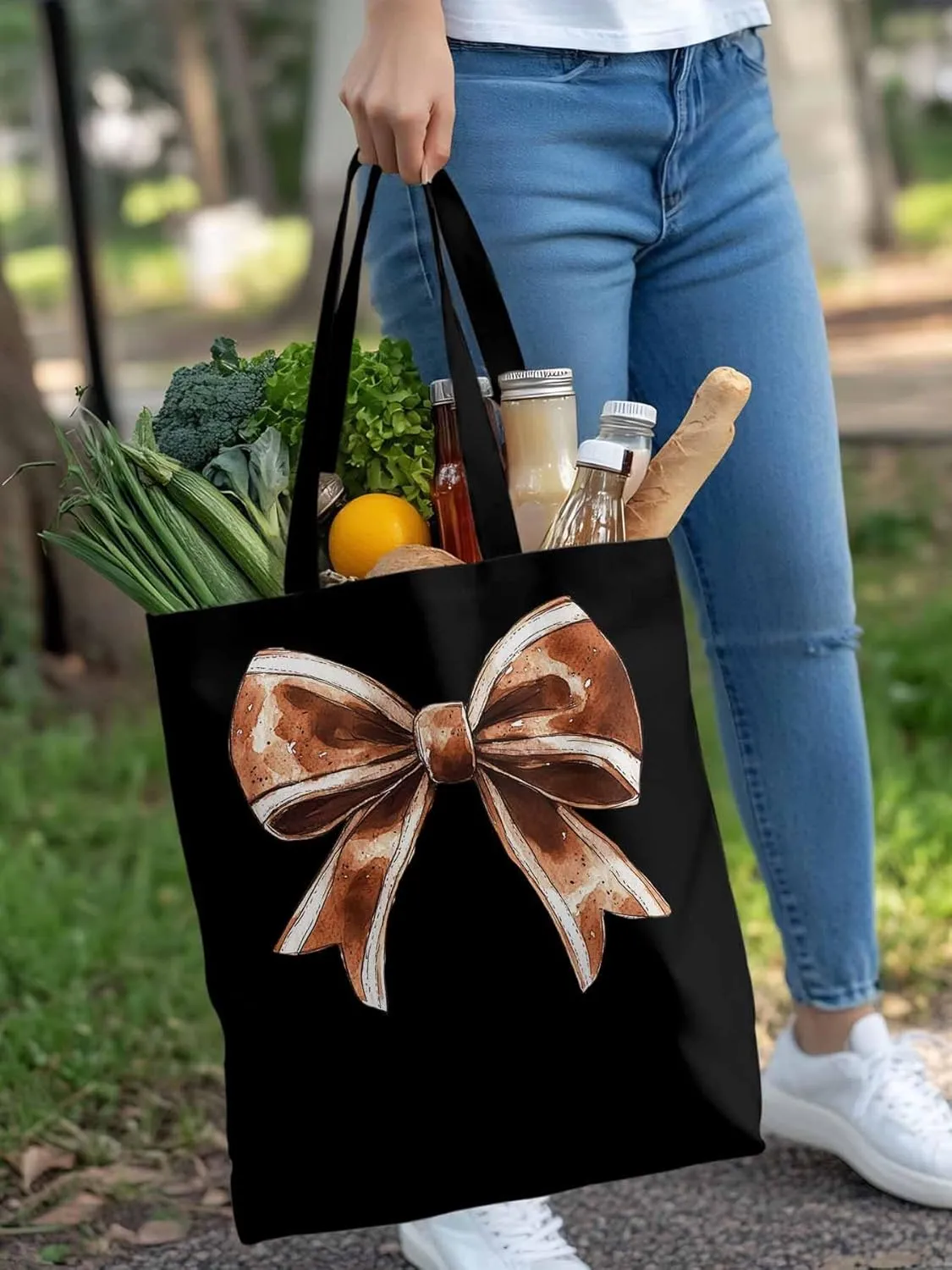 Canvas Tote Bag, Football Color Bow Retro Aesthetic Canvas Tote Handbags for Women Shoulder Bag