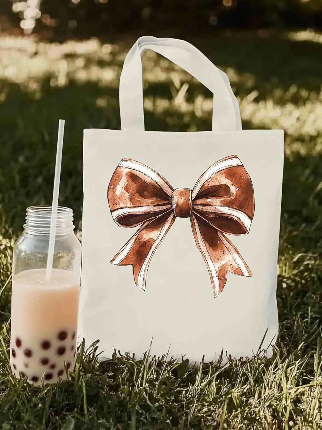 Canvas Tote Bag, Football Color Bow Retro Aesthetic Canvas Tote Handbags for Women Shoulder Bag